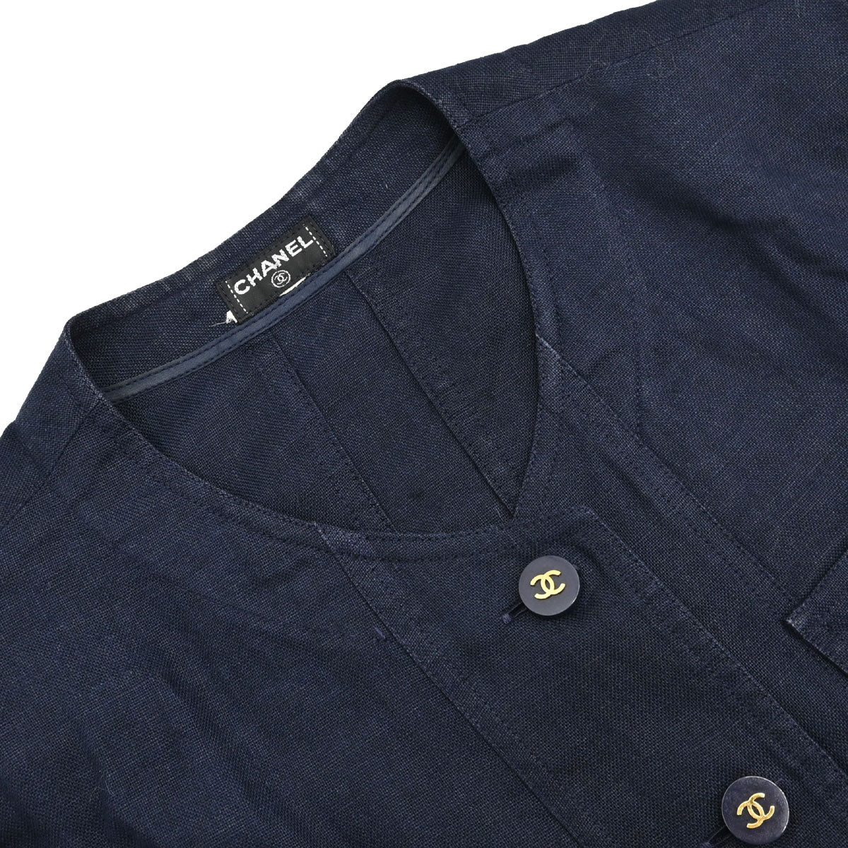 Chanel Button Up Short Sleeve Top Linen Navy