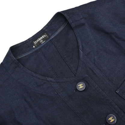 Chanel Button Up Short Sleeve Top Linen Navy