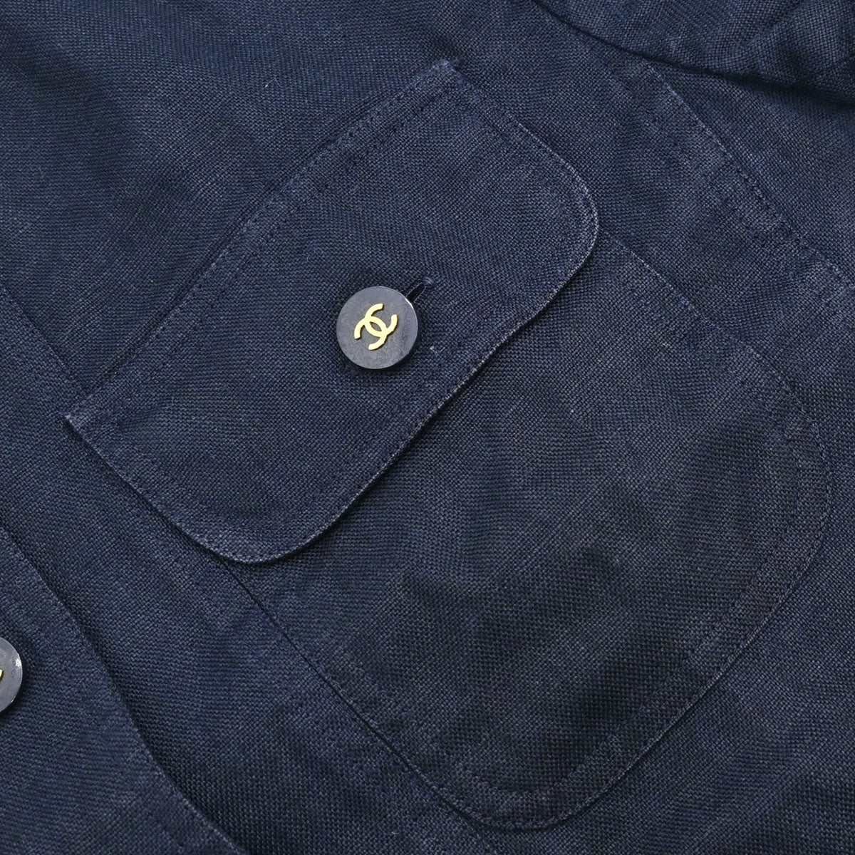 Chanel Button Up Short Sleeve Top Linen Navy