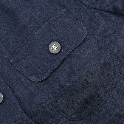 Chanel Button Up Short Sleeve Top Linen Navy