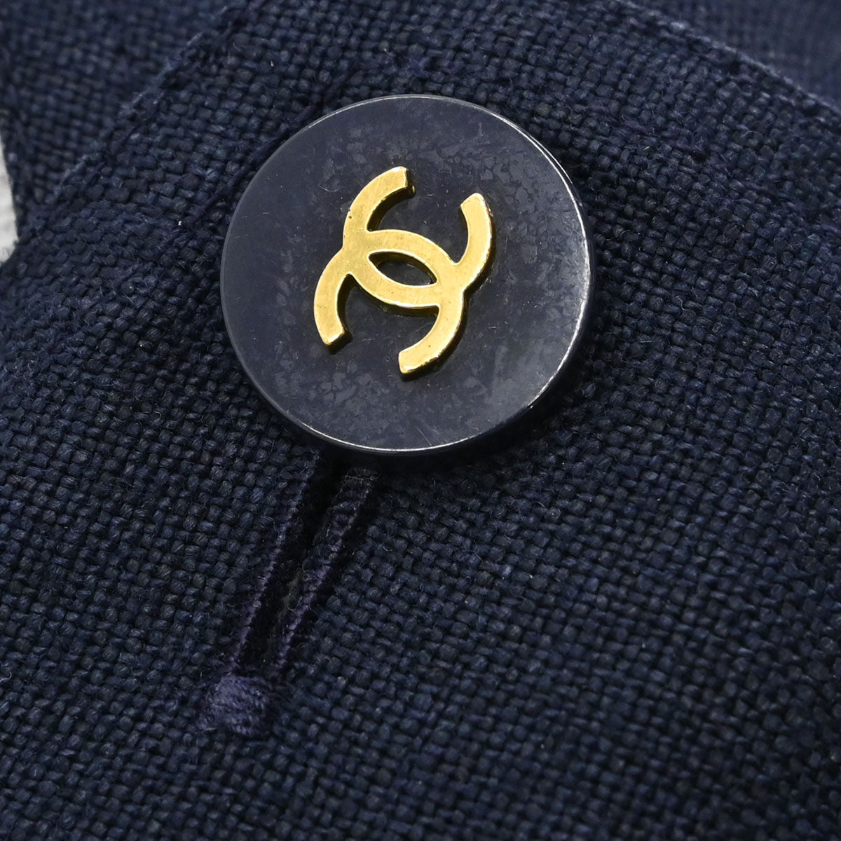 Chanel Button Up Short Sleeve Top Linen Navy