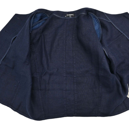 Chanel Button Up Short Sleeve Top Linen Navy
