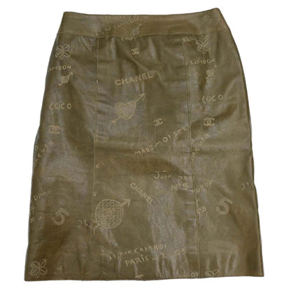 Chanel 2003 Leather Mademoiselle Graffiti Skirt Khaki #42