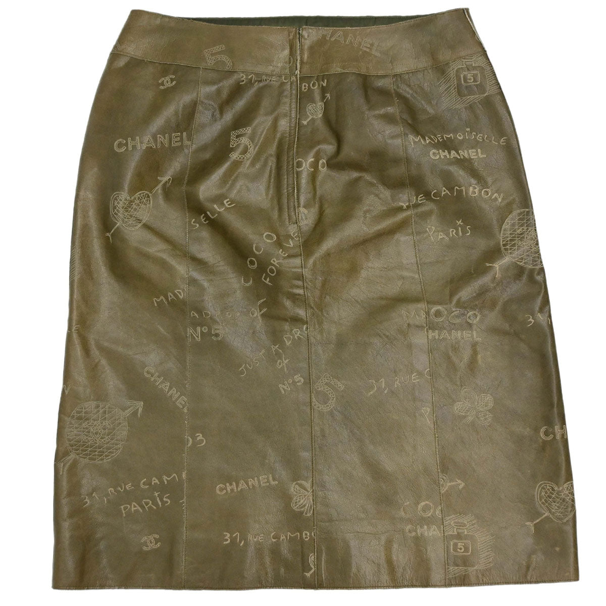 Chanel 2003 Leather Mademoiselle Graffiti Skirt Khaki #42