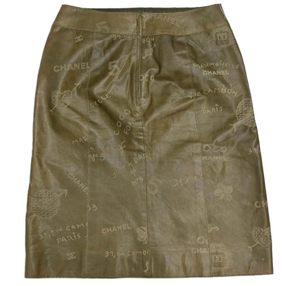 Chanel 2003 Leather Mademoiselle Graffiti Skirt Khaki #42