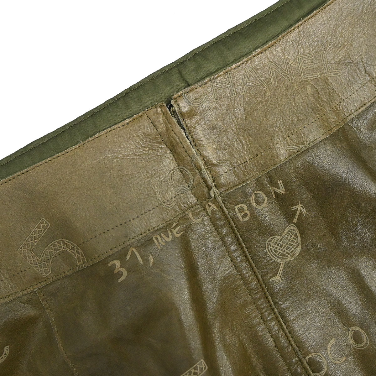 Chanel 2003 Leather Mademoiselle Graffiti Skirt Khaki #42