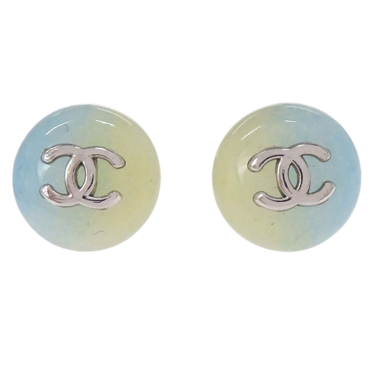 Chanel Button Pierced Earrings Acrylic Blue Yellow Silver 99P