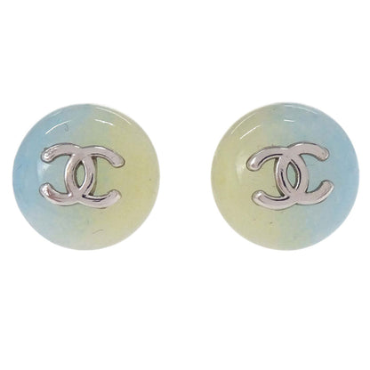 Chanel Button Pierced Earrings Acrylic Blue Yellow Silver 99P