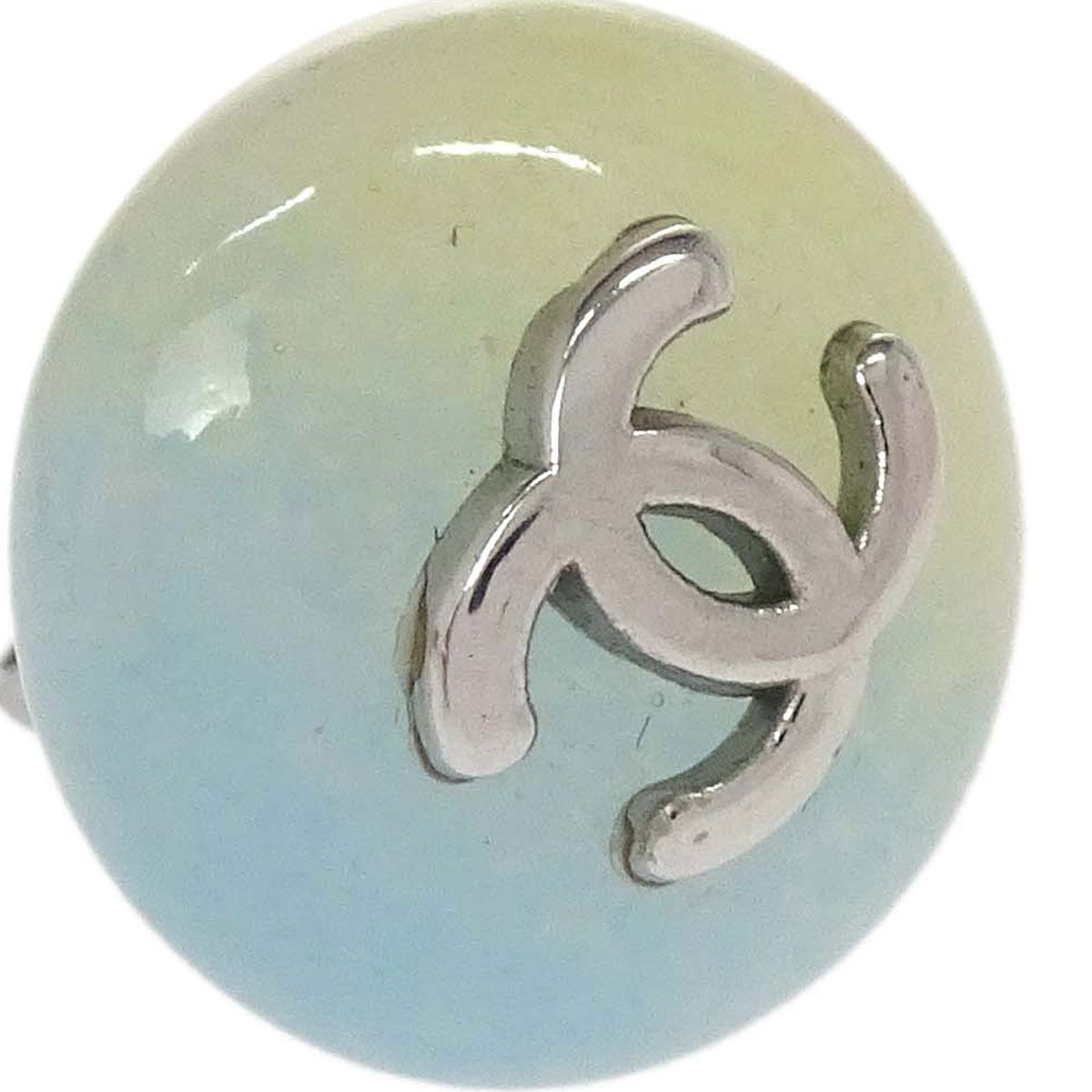 Chanel Button Pierced Earrings Acrylic Blue Yellow Silver 99P