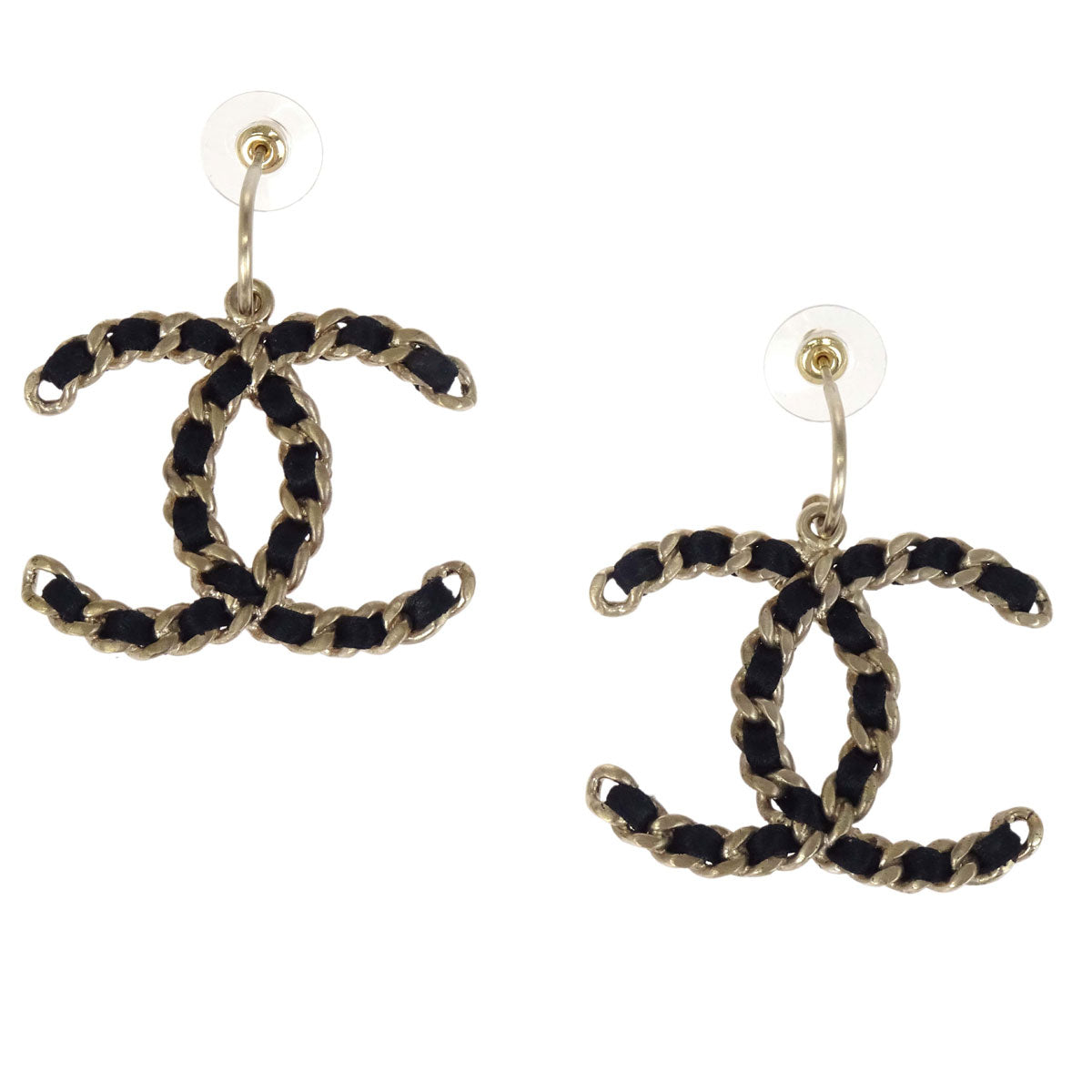 Chanel Dangle CC Pierced Earrings Leather Gold Black 09C