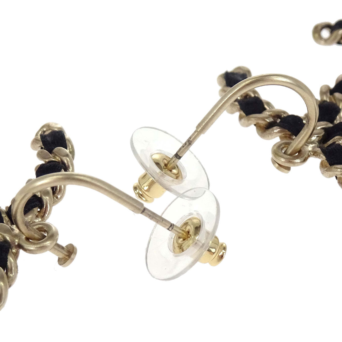 Chanel Dangle CC Pierced Earrings Leather Gold Black 09C