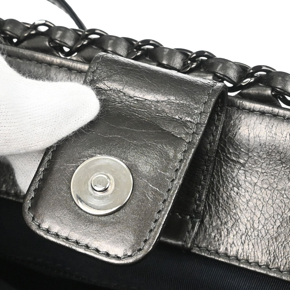 Chanel 2012 Metallic Gray Calfskin Chain Me Tote Handbag