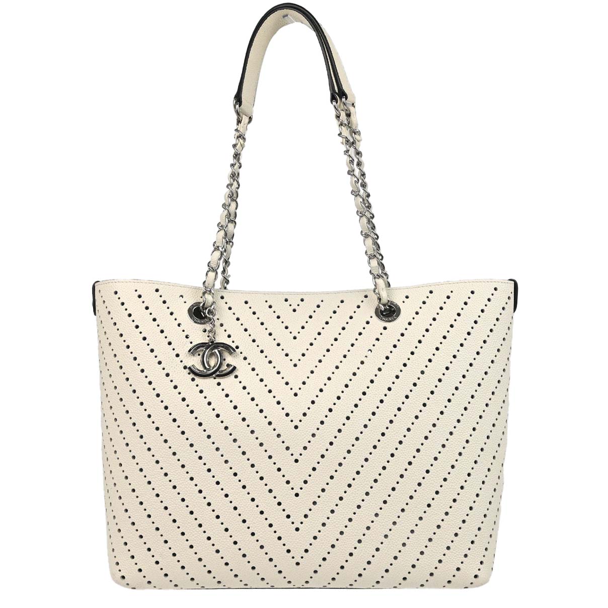 Chanel White Perforated Caviar Skin Chevron Shopping Tote Bag Handbag