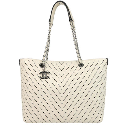 Chanel White Perforated Caviar Skin Chevron Shopping Tote Bag Handbag