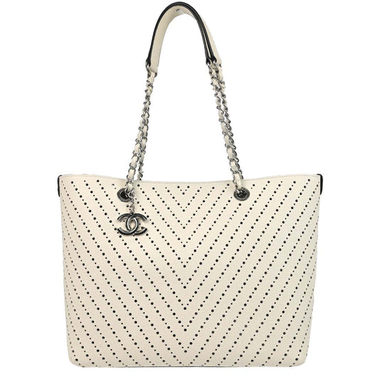 Chanel White Perforated Caviar Skin Chevron Shopping Tote Bag Handbag