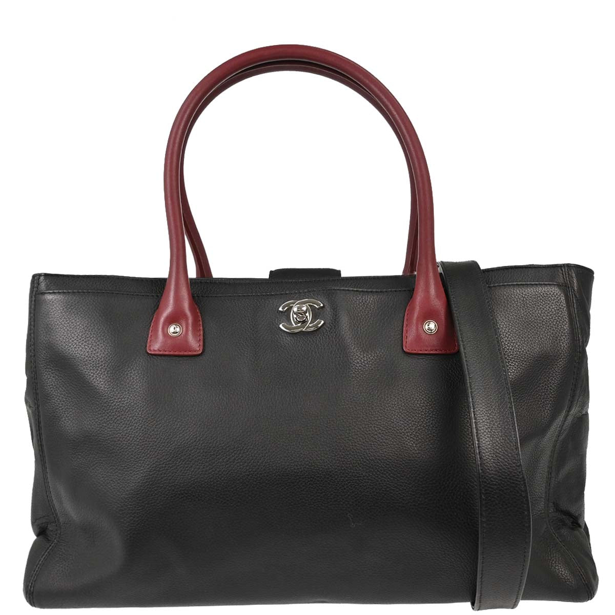 Chanel Black Burgundy Calfskin Executive Cerf 2way Shoulder Tote Bag