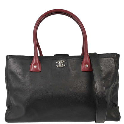 Chanel Black Burgundy Calfskin Executive Cerf 2way Shoulder Tote Bag