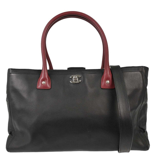 Chanel 2012 Black Burgundy Calfskin Executive Cerf 2way Shoulder Tote Bag
