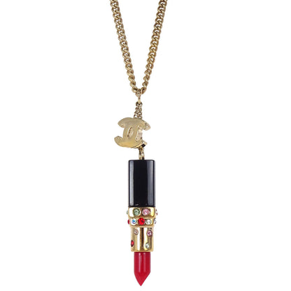 Chanel Lipstick Gold CC Pendant Rhinestone Necklace 05P