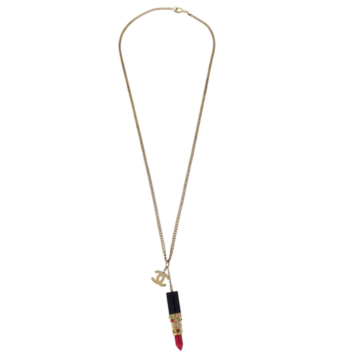Chanel Lipstick Gold CC Pendant Rhinestone Necklace 05P