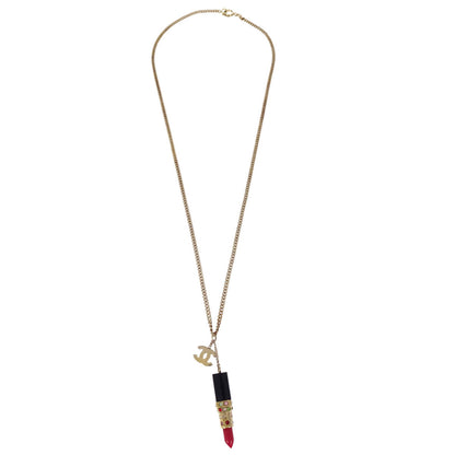 Chanel Lipstick Gold CC Pendant Rhinestone Necklace 05P