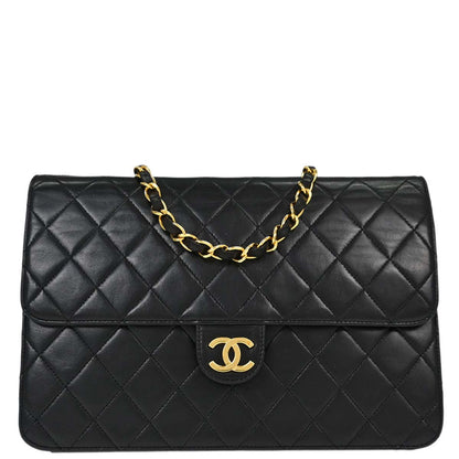 Chanel Black Lambskin Pushlock Medium Half Flap Shoulder Bag