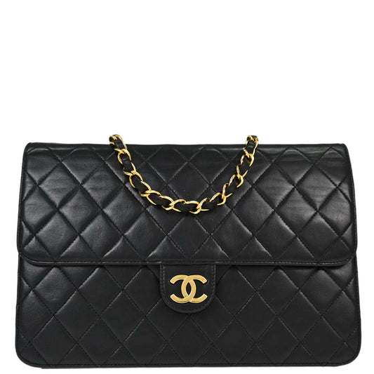 Chanel Black Lambskin Pushlock Medium Half Flap Shoulder Bag