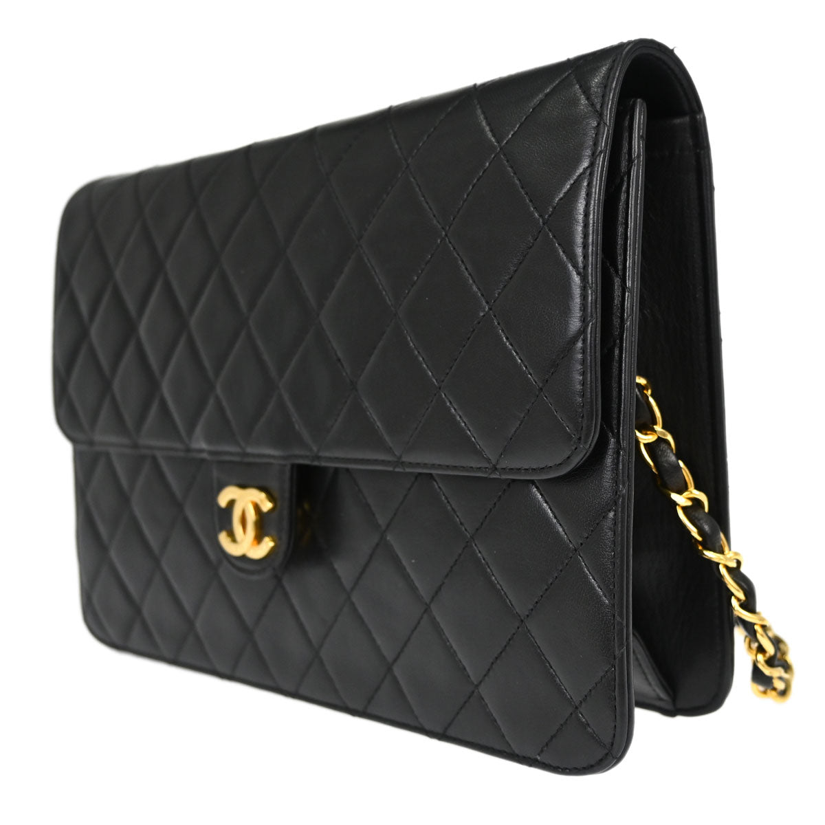 Chanel Black Lambskin Pushlock Medium Half Flap Shoulder Bag