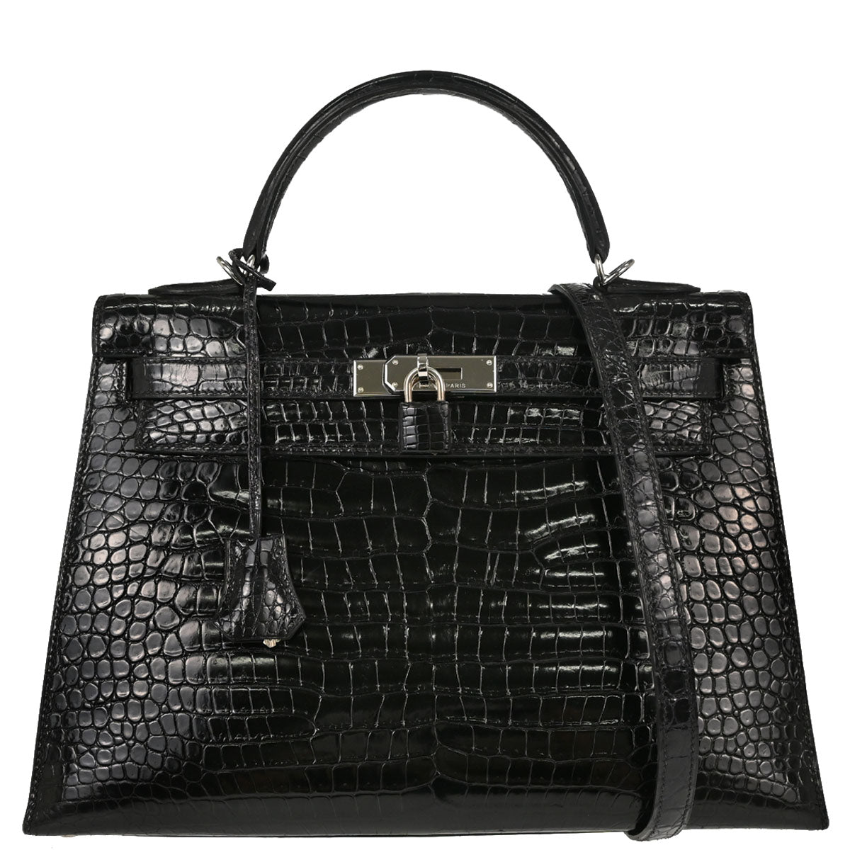 Hermes * Black Porosus Kelly 32 Sellier 2way Shoulder Handbag