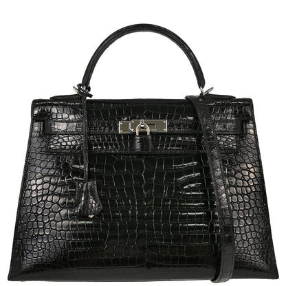 Hermes * Black Porosus Kelly 32 Sellier 2way Shoulder Handbag
