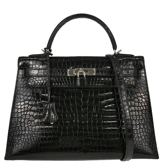 Hermes * Black Porosus Kelly 32 Sellier 2way Shoulder Handbag