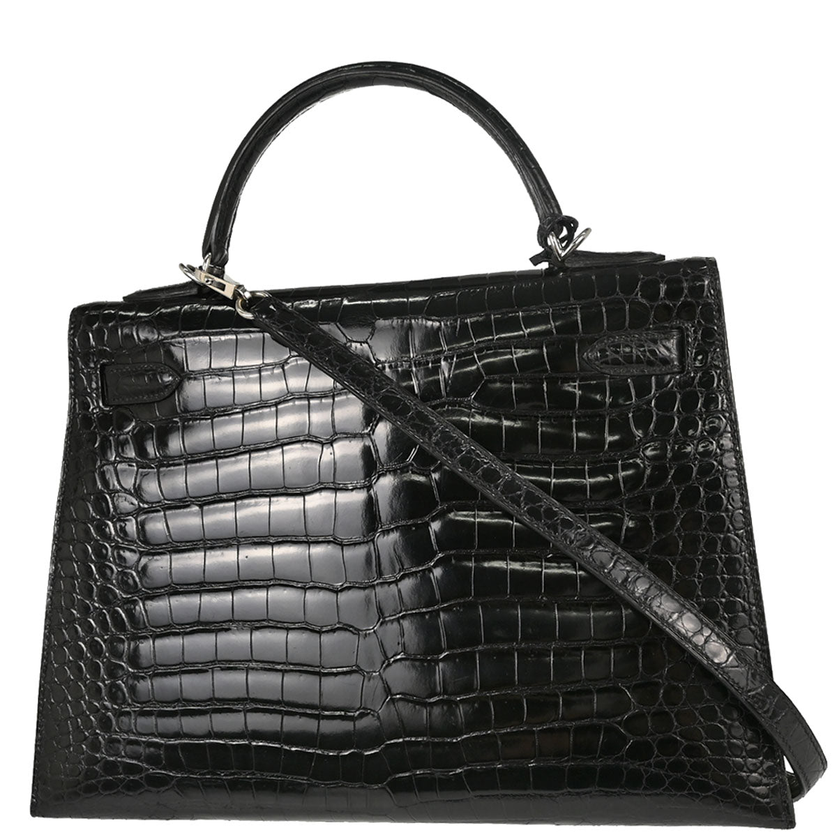 Hermes * Black Porosus Kelly 32 Sellier 2way Shoulder Handbag