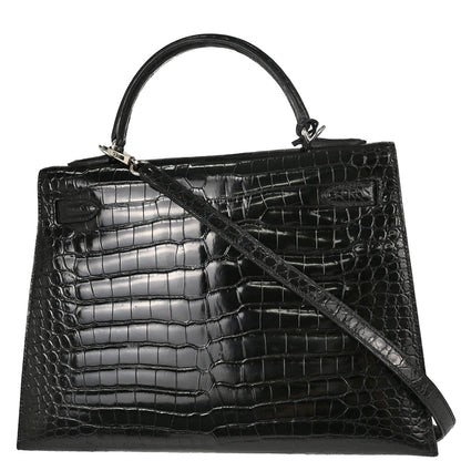 Hermes * Black Porosus Kelly 32 Sellier 2way Shoulder Handbag