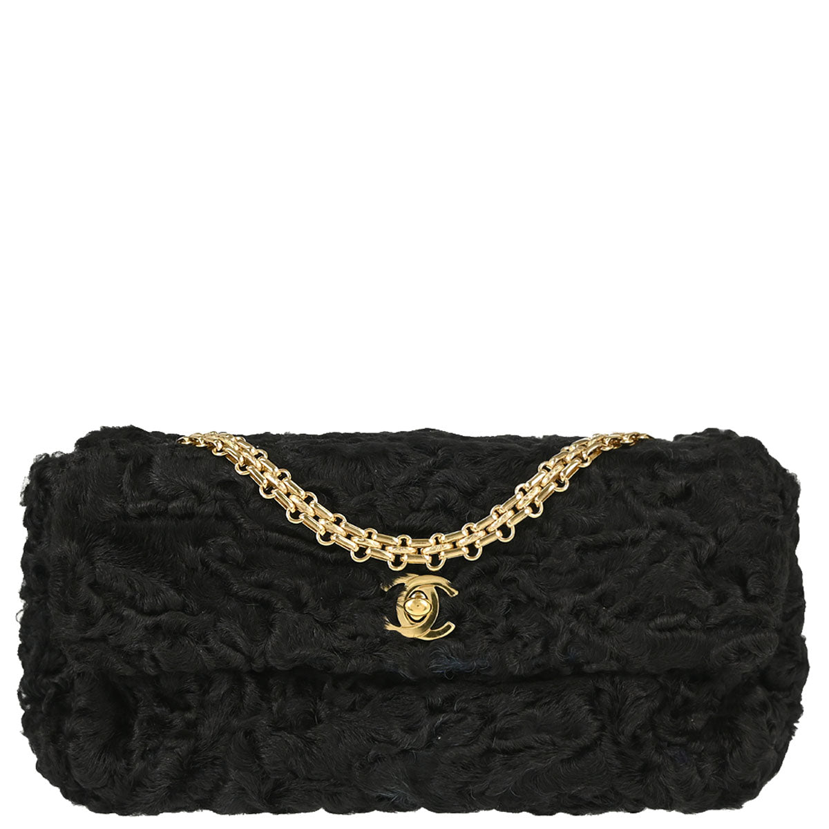 Chanel 2000-2001 Black Persian Lamb Straight Flap Shoulder Bag