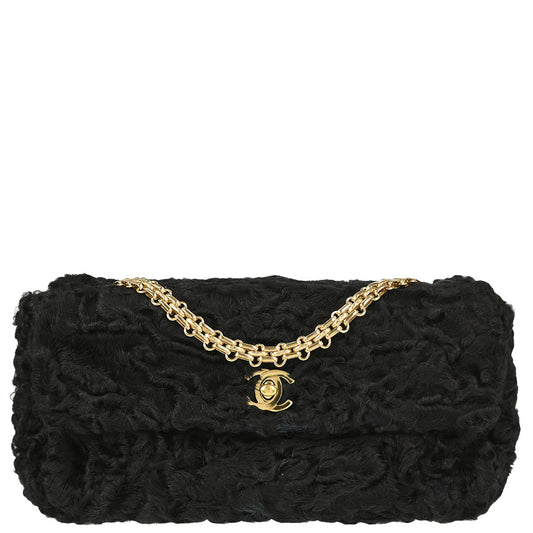Chanel 2000-2001 Black Persian Lamb Straight Flap Shoulder Bag