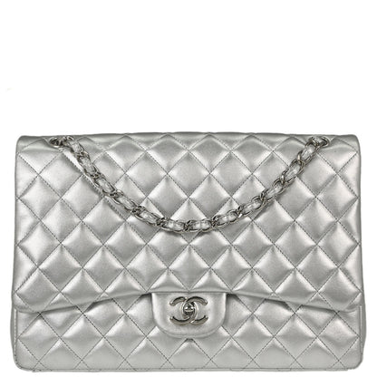 Chanel 2011 Metallic Silver Lambskin Maxi Classic Flap Shoulder Bag
