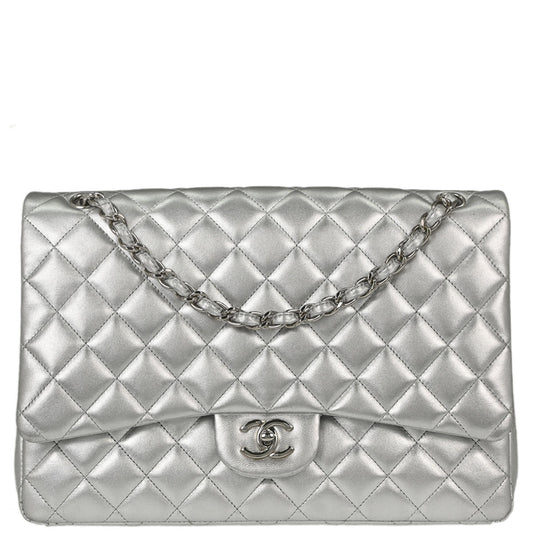 Chanel 2011 Metallic Silver Lambskin Maxi Classic Flap Shoulder Bag