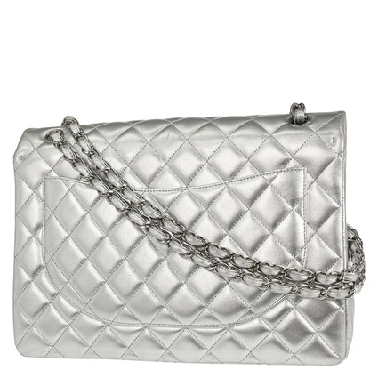 Chanel 2011 Metallic Silver Lambskin Maxi Classic Flap Shoulder Bag