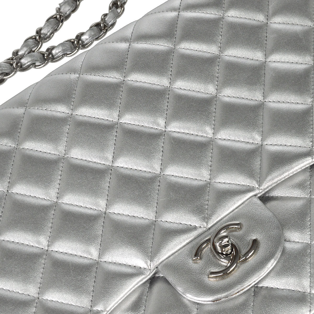 Chanel 2011 Metallic Silver Lambskin Maxi Classic Flap Shoulder Bag