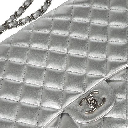 Chanel 2011 Metallic Silver Lambskin Maxi Classic Flap Shoulder Bag