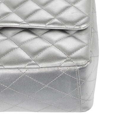 Chanel 2011 Metallic Silver Lambskin Maxi Classic Flap Shoulder Bag