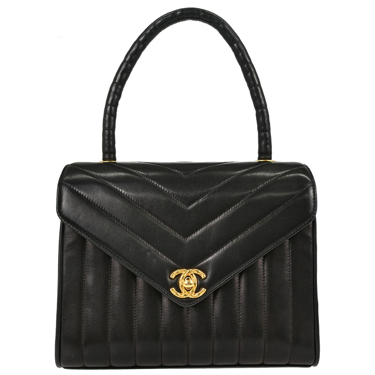 Chanel 1991-1994 Black Lambskin Chevron Top Handle Handbag