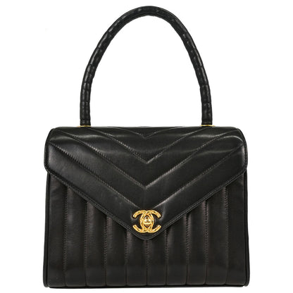 Chanel 1991-1994 Black Lambskin Chevron Top Handle Handbag