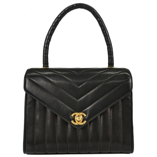 Chanel 1991-1994 Black Lambskin Chevron Top Handle Handbag