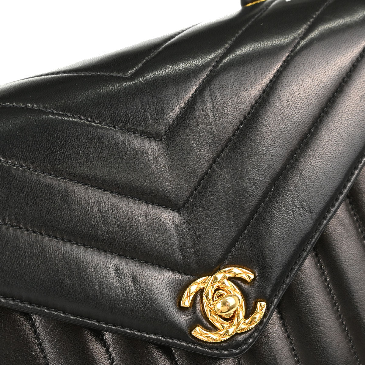 Chanel 1991-1994 Black Lambskin Chevron Top Handle Handbag