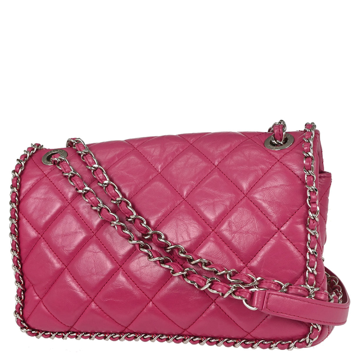 Chanel Pink Calfskin Chain Around Single Flap Shoulder Bag