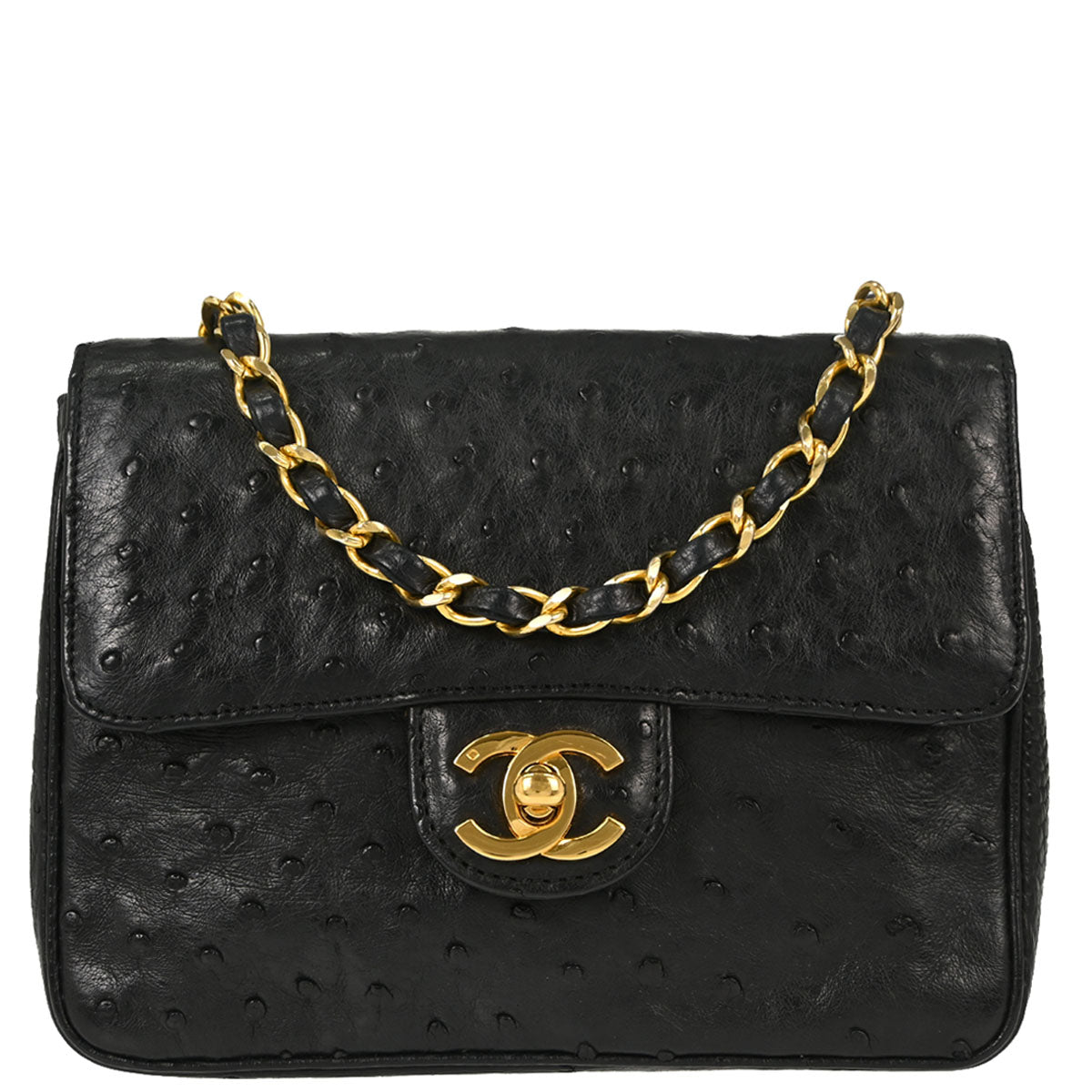 Chanel * Black Ostrich Mini Classic Square Flap Shoulder Bag