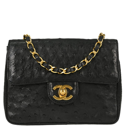 Chanel * Black Ostrich Mini Classic Square Flap Shoulder Bag