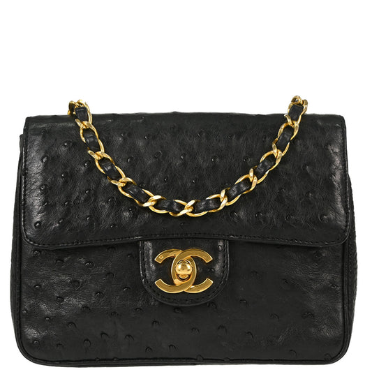 Chanel * Black Ostrich Mini Classic Square Flap Shoulder Bag