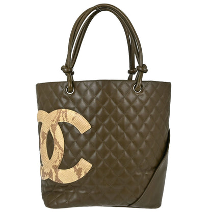 Chanel * Khaki Calfskin Python Cambon Ligne Tote Handbag